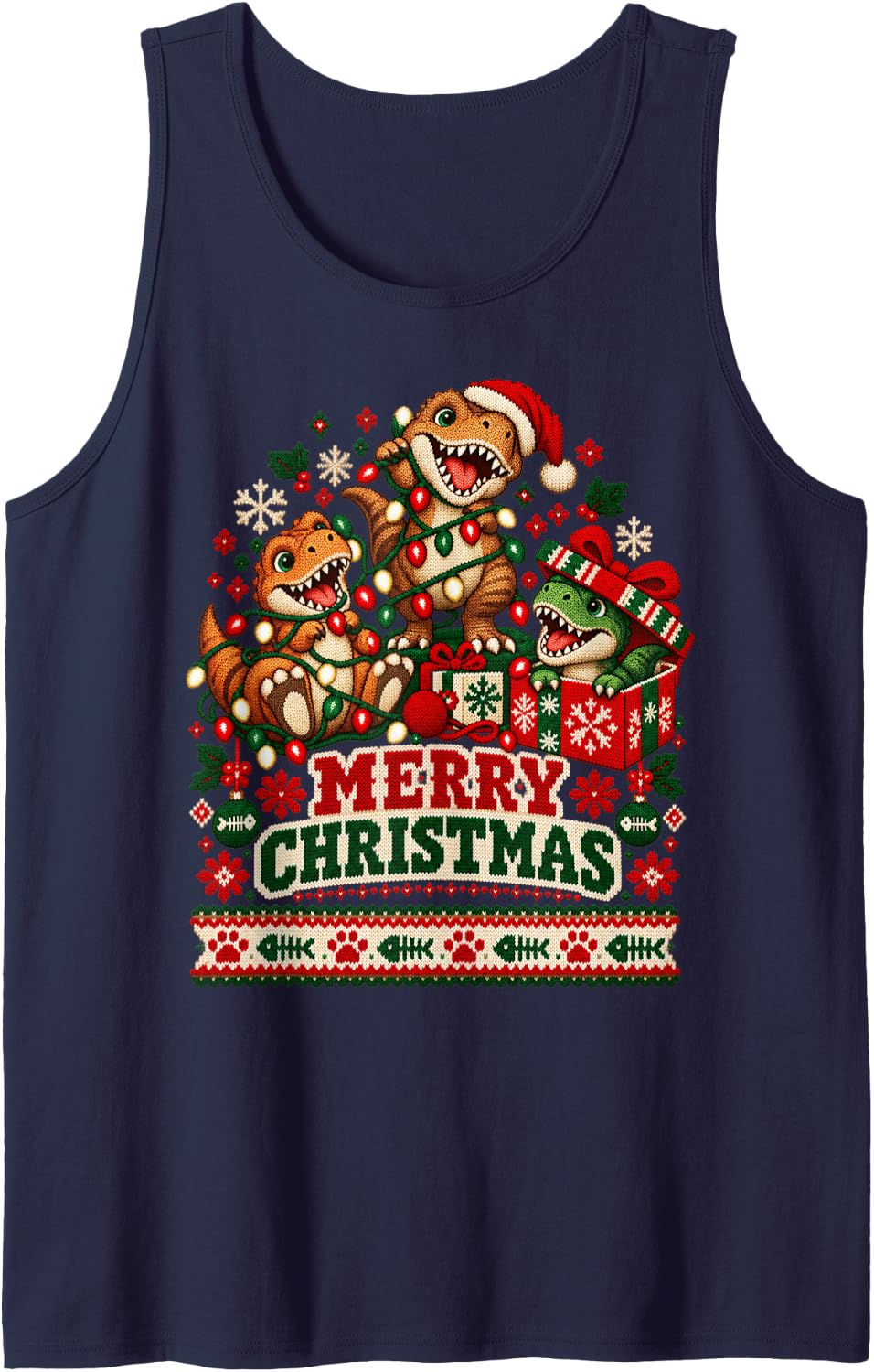Merry Christmas Trex Playful Holiday Lights Men Women Sleeveless Tank Top - Navy Blue