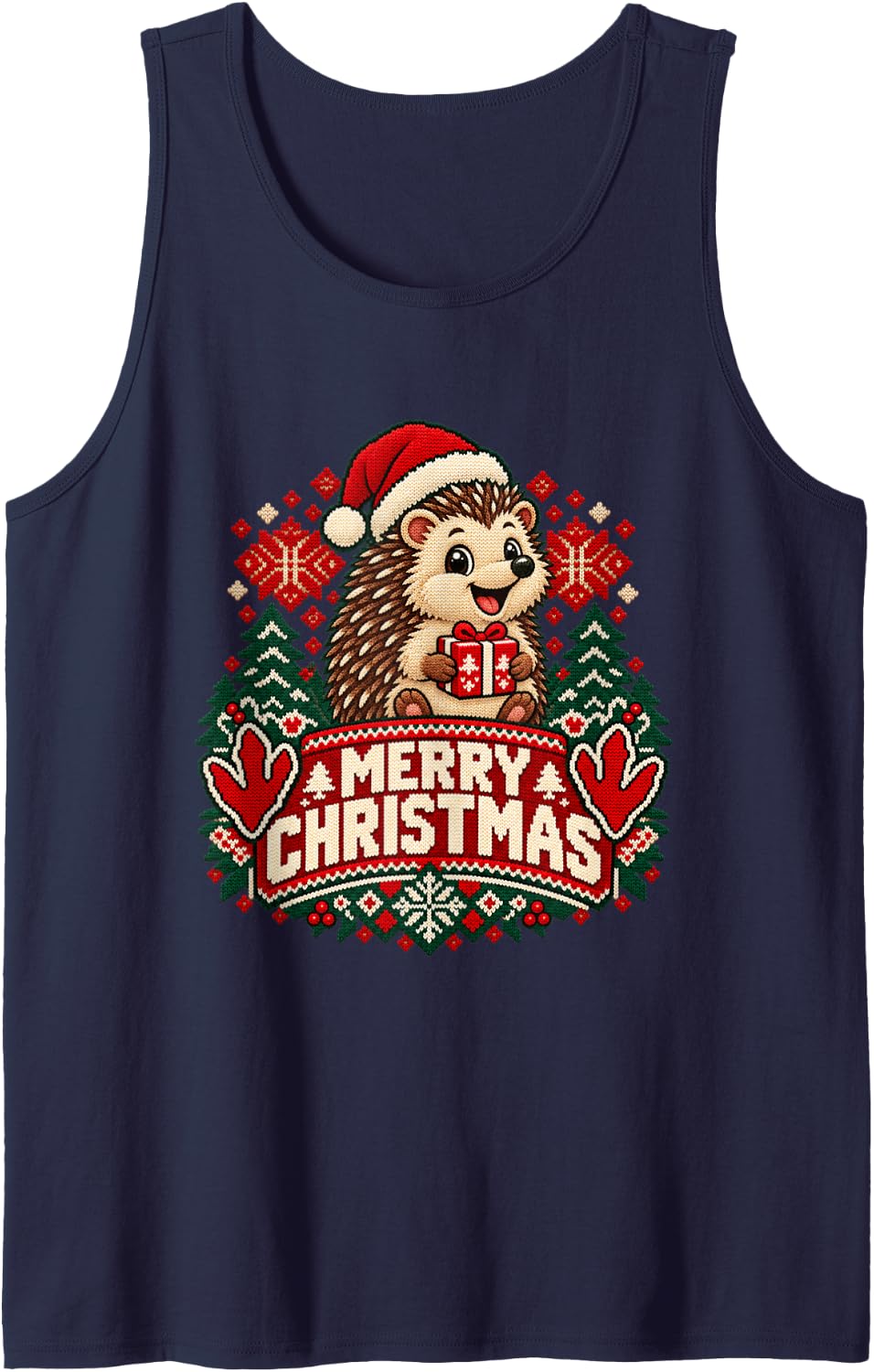 Merry Christmas Hedgehog Cheerful Roaring Festive Winter Art Sleeveless Tank Top - Navy Blue
