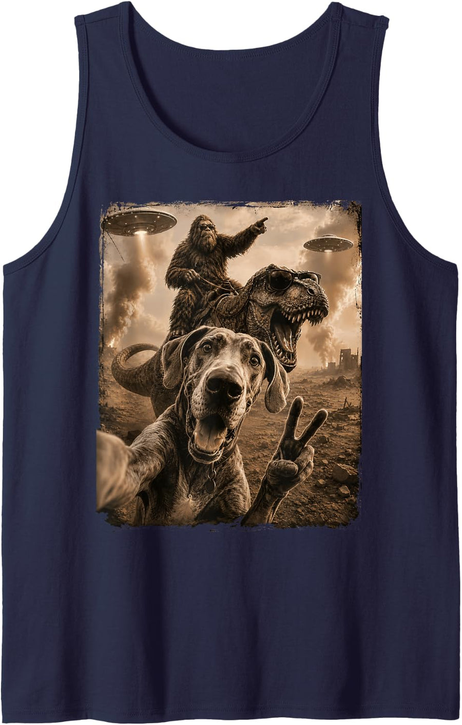Great Dane Selfie Bigfoot T Rex UFO Funny Humor Sleeveless Tank Top - Navy Blue