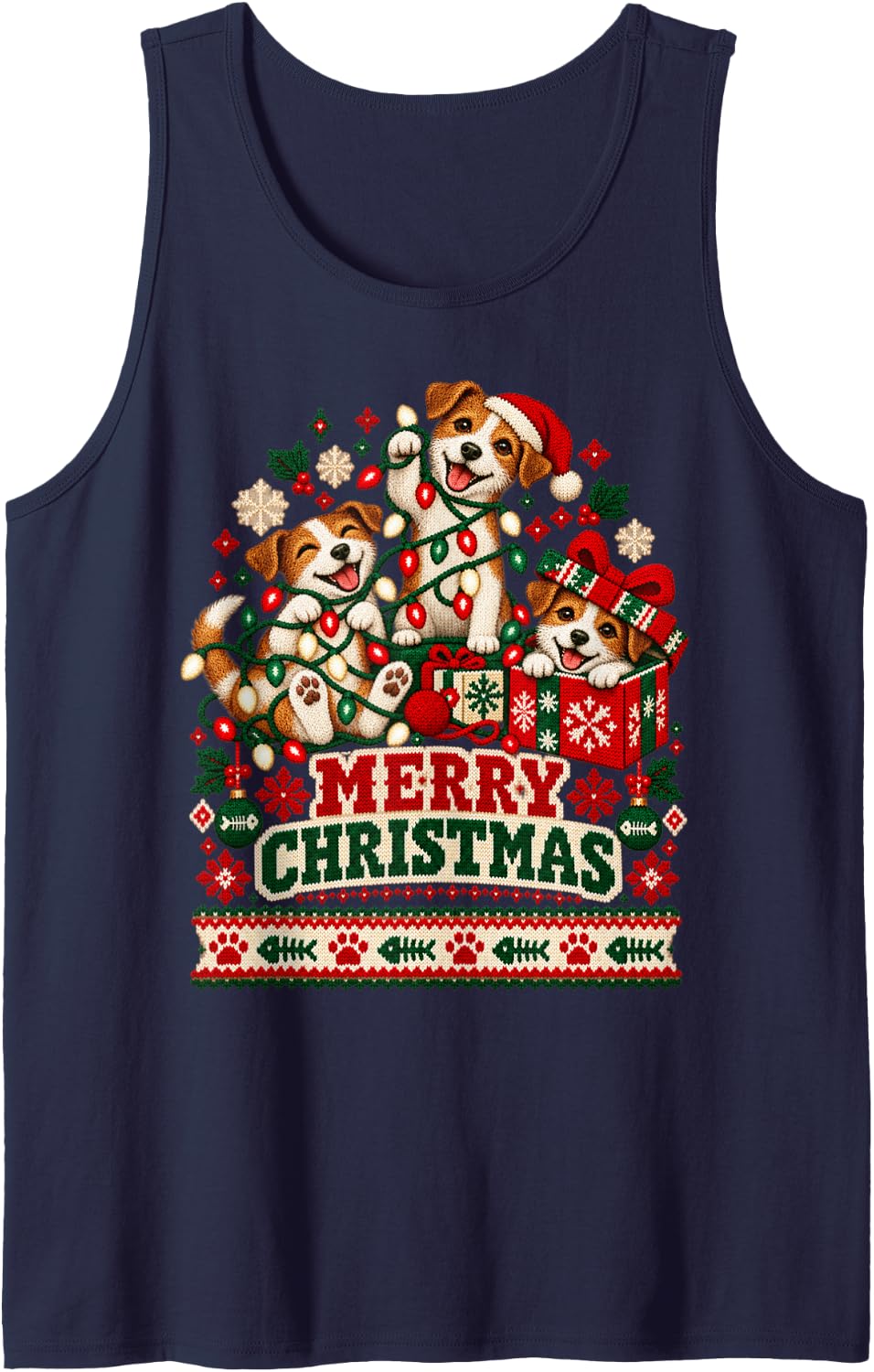 Merry Christmas Jack Russell Playful Holiday Lights Sleeveless Tank Top - Navy Blue