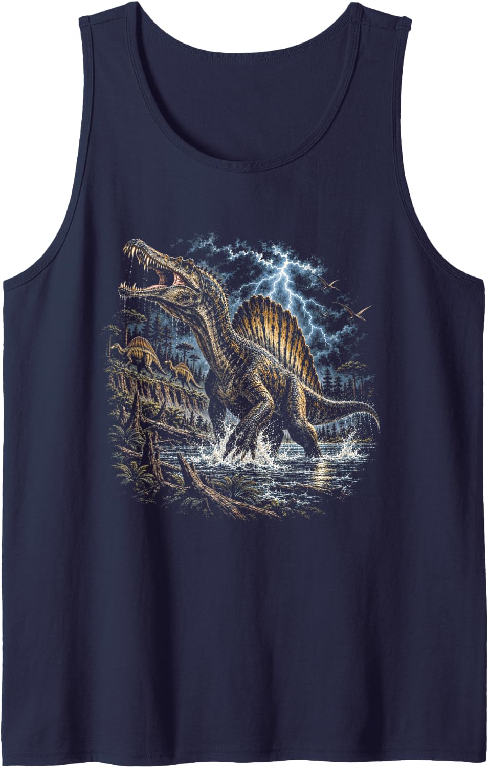 Spinosaurus Dinosaur Storm Prehistoric Wildlife Art Sleeveless Tank Top - Navy Blue