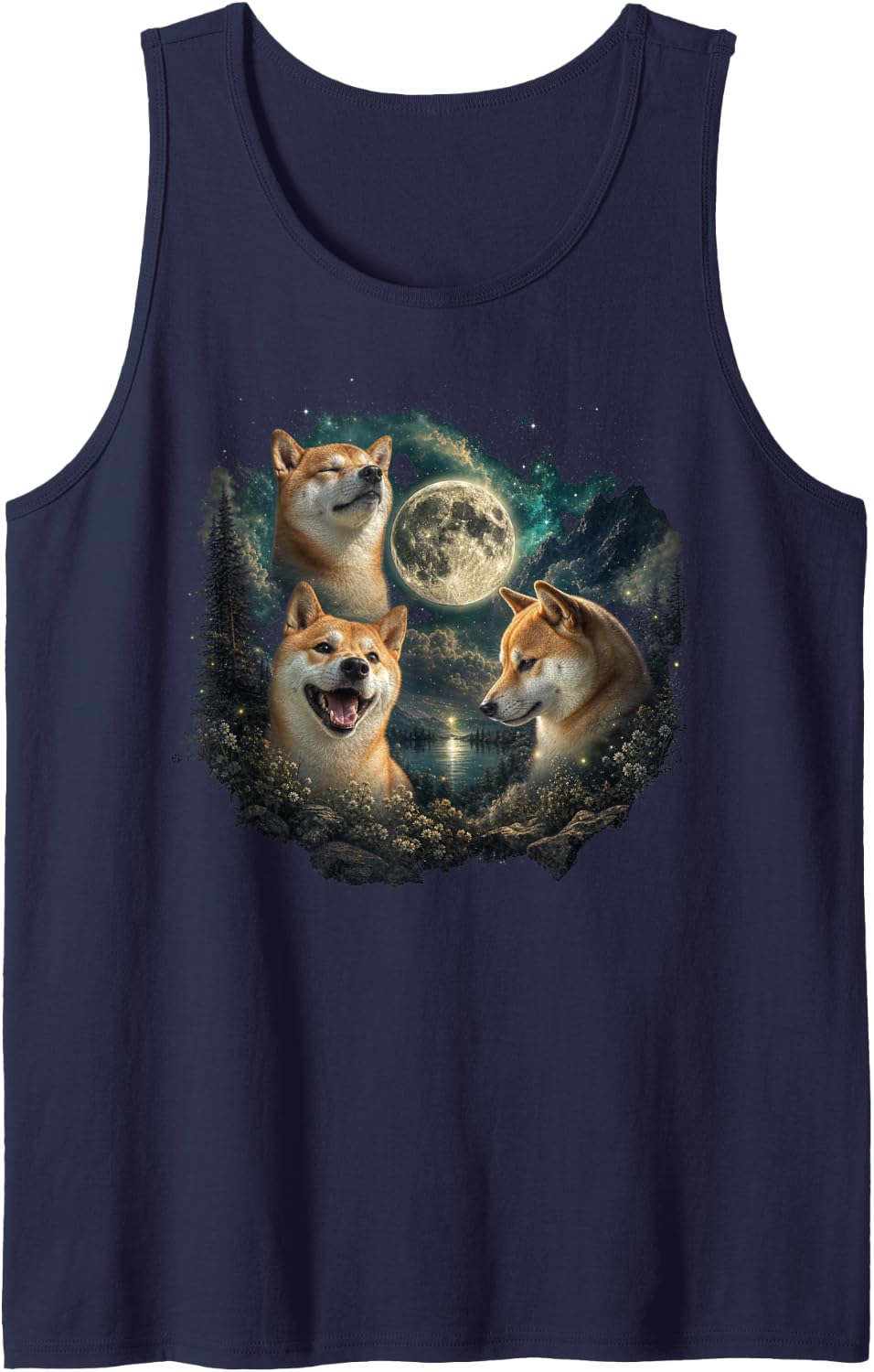 Shiba Inu Faces with Full Moon and Stars Tank Top - Navy Blue