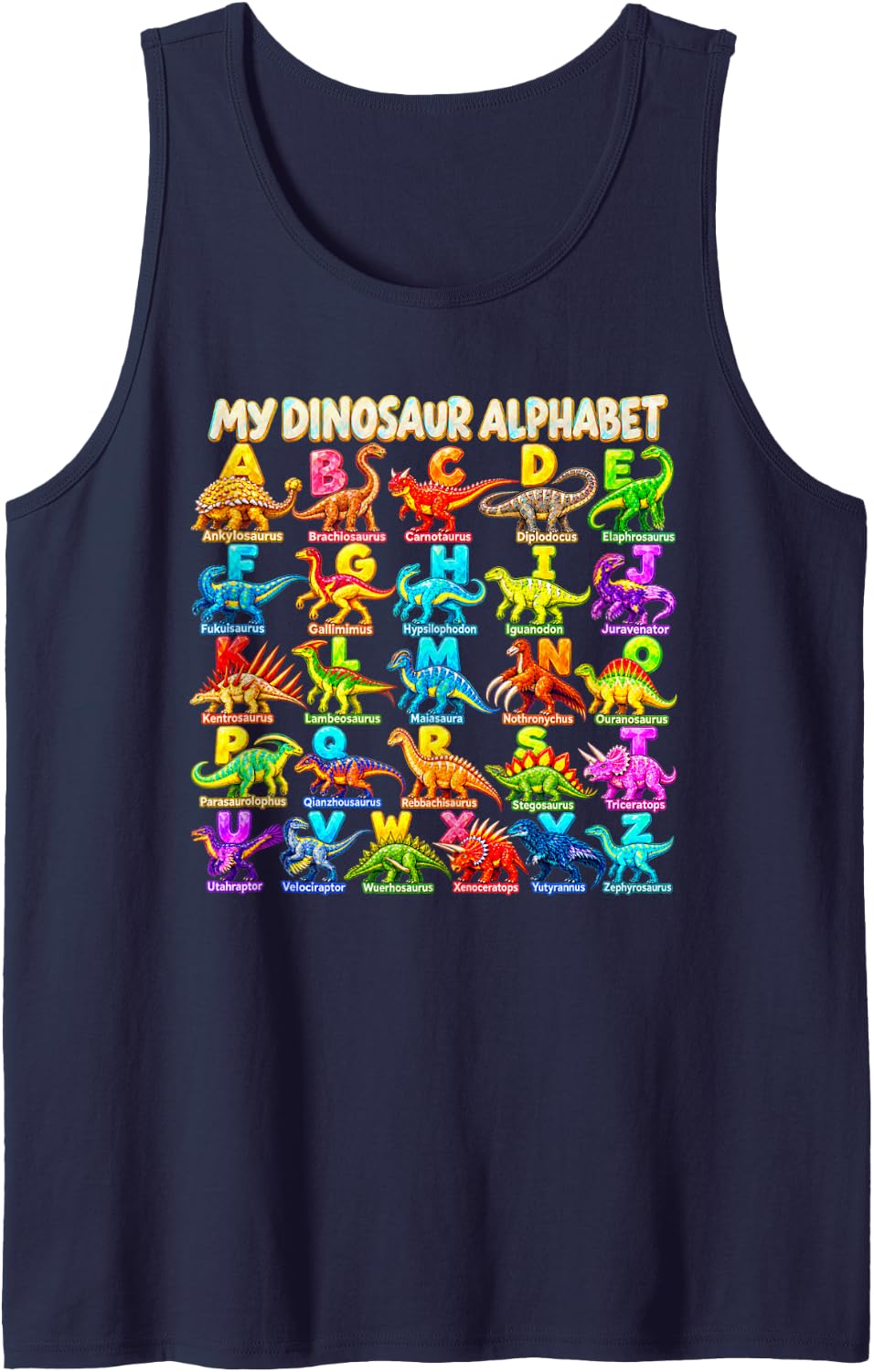 My Textured Dino Grid ABC Dinosaur Alphabet Sleeveless Tank Top - Navy Blue