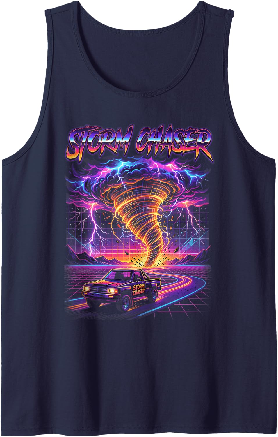 Tornado Chaser Storm Chasing Meteorologist Retro Wave Tank Top - Navy Blue