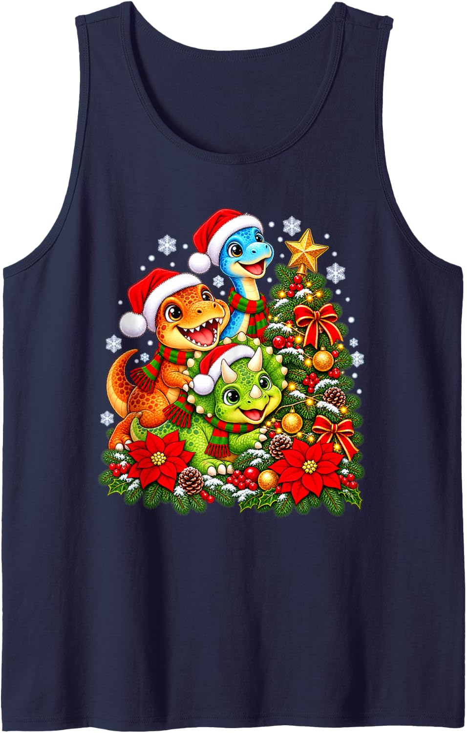 Christmas Tree Dinosaurs Santa Hat Men Women Kids Sleeveless Tank Top - Navy Blue