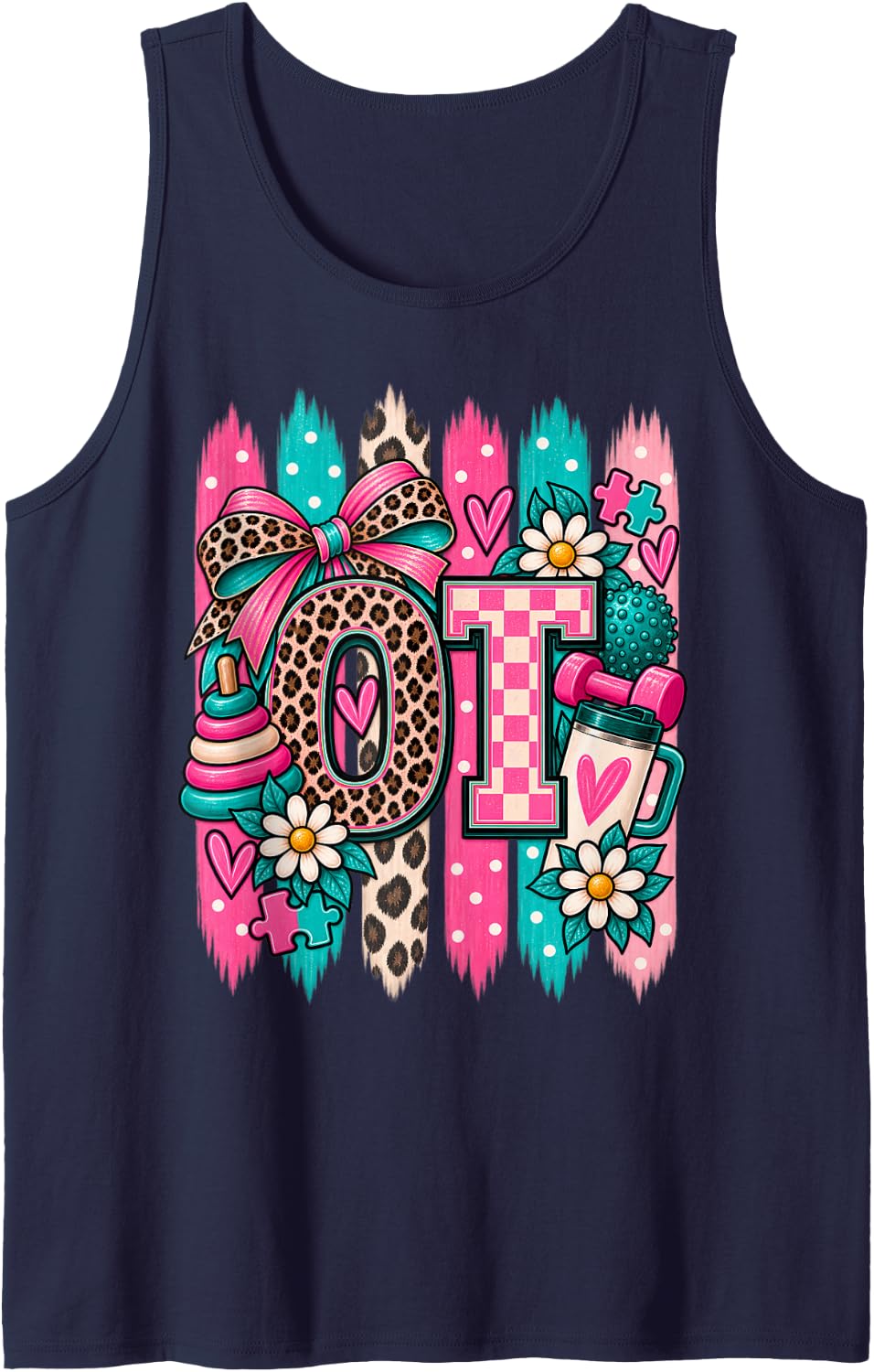 Coquette Leopard Bow OT Western Occupational Therapist Sleeveless Tank Top - Navy Blue
