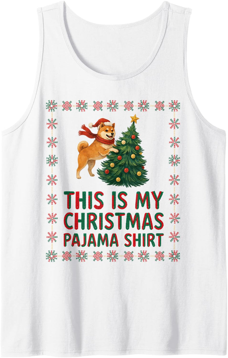 Cute Funny Shiba Inu Christmas Pajama Tree Dog Mom Dad Lover Sleeveless Tank Top - White