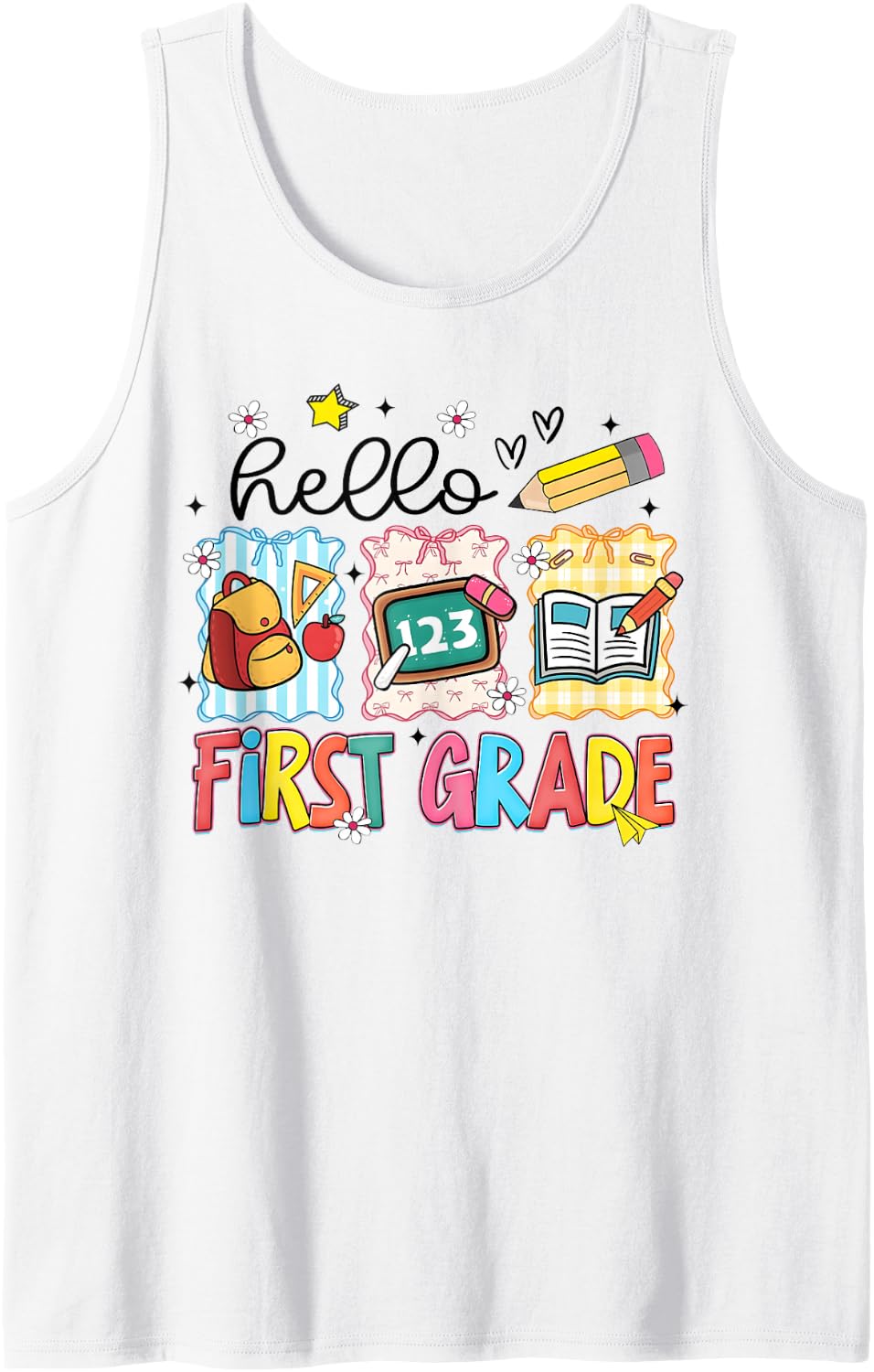 Hello First Grade First Day School Teacher Girl Cute Bow Sleeveless Tank Top - White