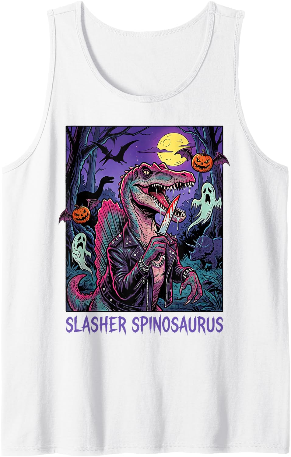 Spinosaurus Dinosaur Spooky Scary Haunted Horror Mens Boys Sleeveless Tank Top - White