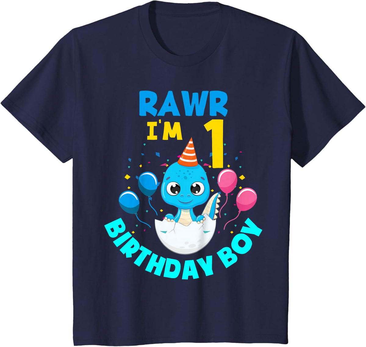 1st Birthday Boys 1 Year Old Birthday T Rex Dinosaur T-Shirt - Navy Blue