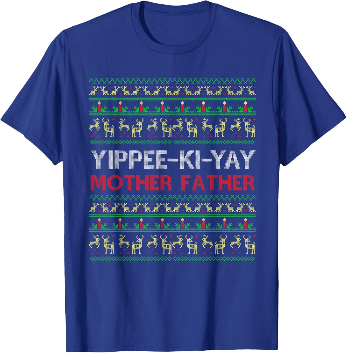 "Yippee-Ki-Yay" Funny Christmas Style Cross Stitch T-Shirt - Royal Blue