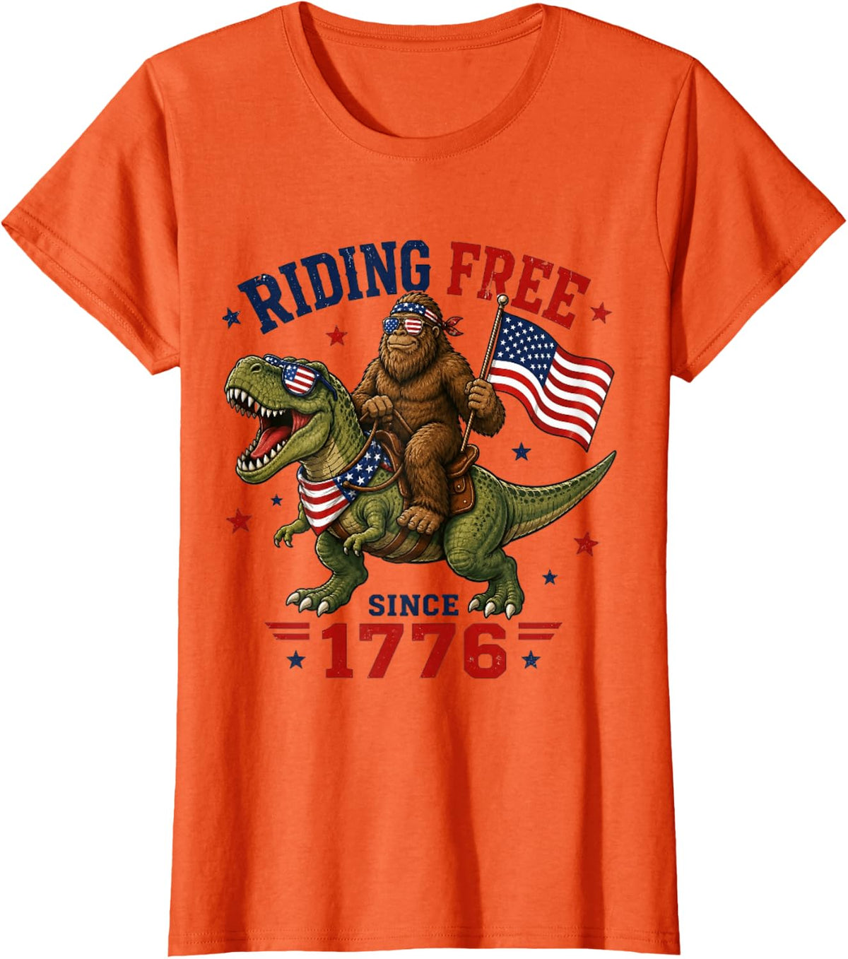 4th of July Bigfoot Dinosaur USA Flag Boys Kids Men T-Shirt - Orange