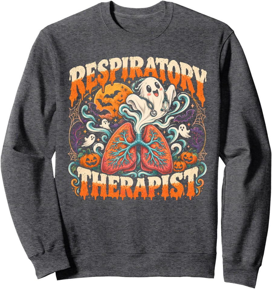 Respiratory Therapist Funny Ghost Lung Care Sweatshirt - Adult Unisex Dark Heather Grey