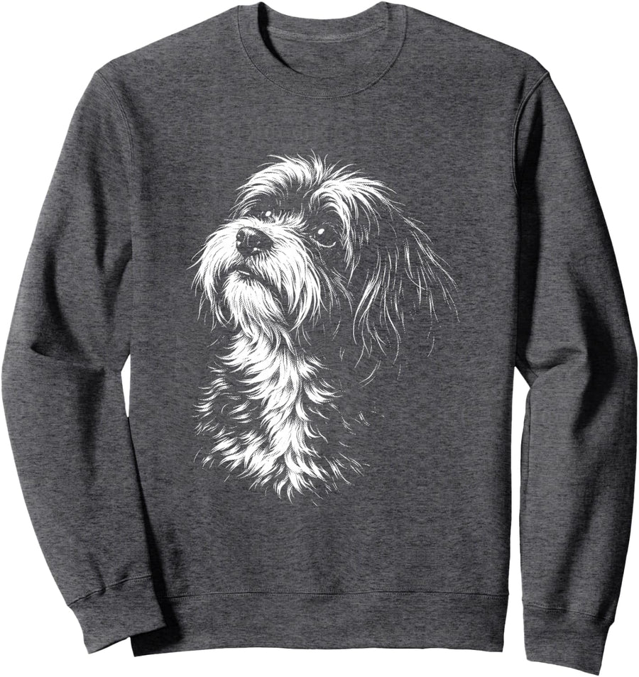Havanese Portrait Black and White Dog Lover Sweatshirt - Adult Unisex Dark Heather Grey