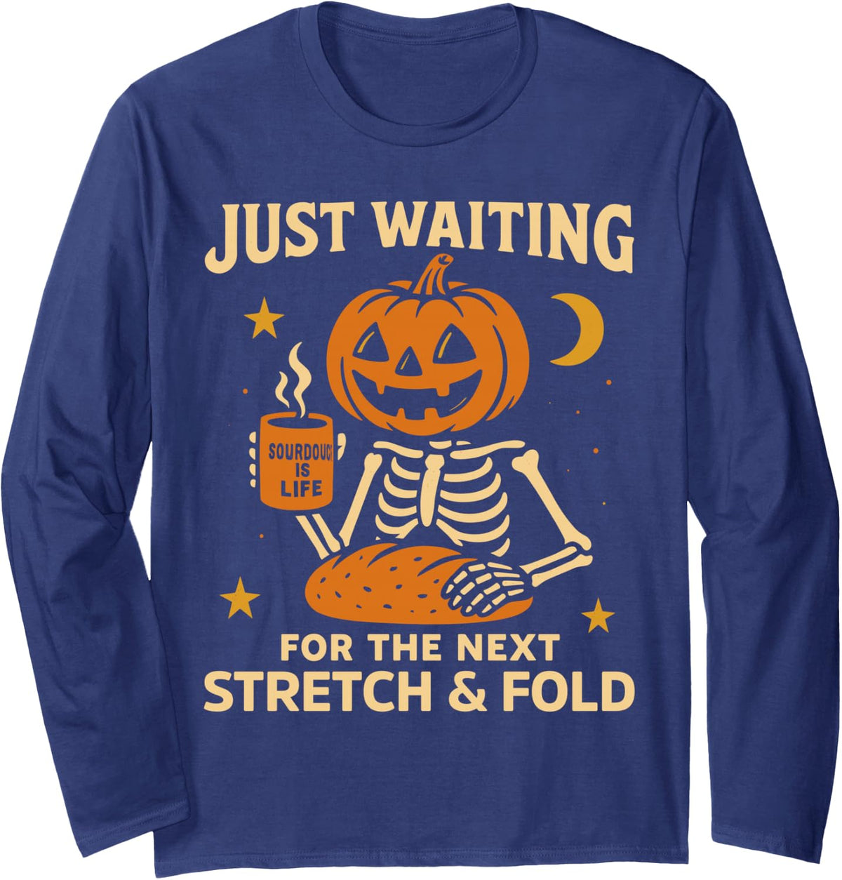 Sourdough Halloween Shirt, Pumpkin Skeleton Stretch and Fold Long Sleeve T-Shirt - Adult Unisex Navy Blue
