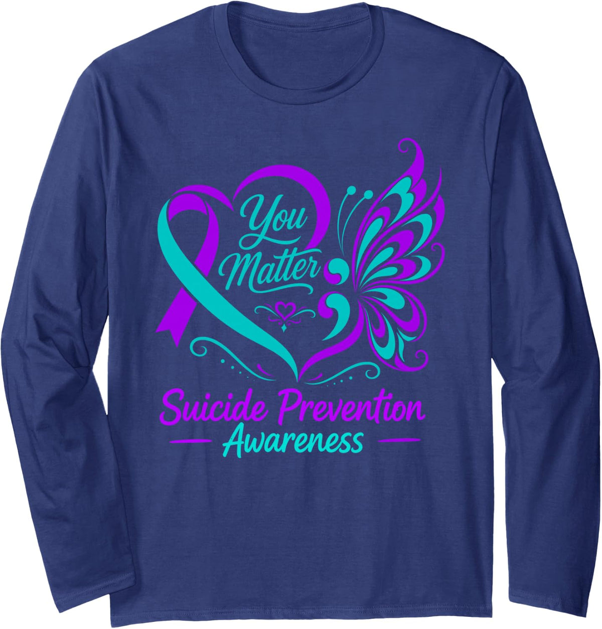 You Matter Mental Health Prevention Awareness Butterfly Long Sleeve T-Shirt - Adult Unisex Navy Blue