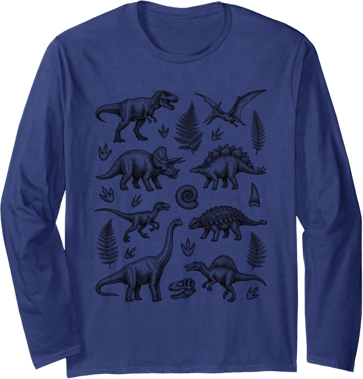 Prehistoric Dinosaur Fossils Paleontology Lover for Men Long Sleeve T-Shirt - Adult Unisex Navy Blue