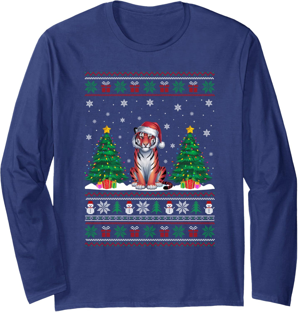 Santa Hat Tiger Christmas Tree Lights Ugly Sweater Long Sleeve T-Shirt - Adult Unisex Navy Blue