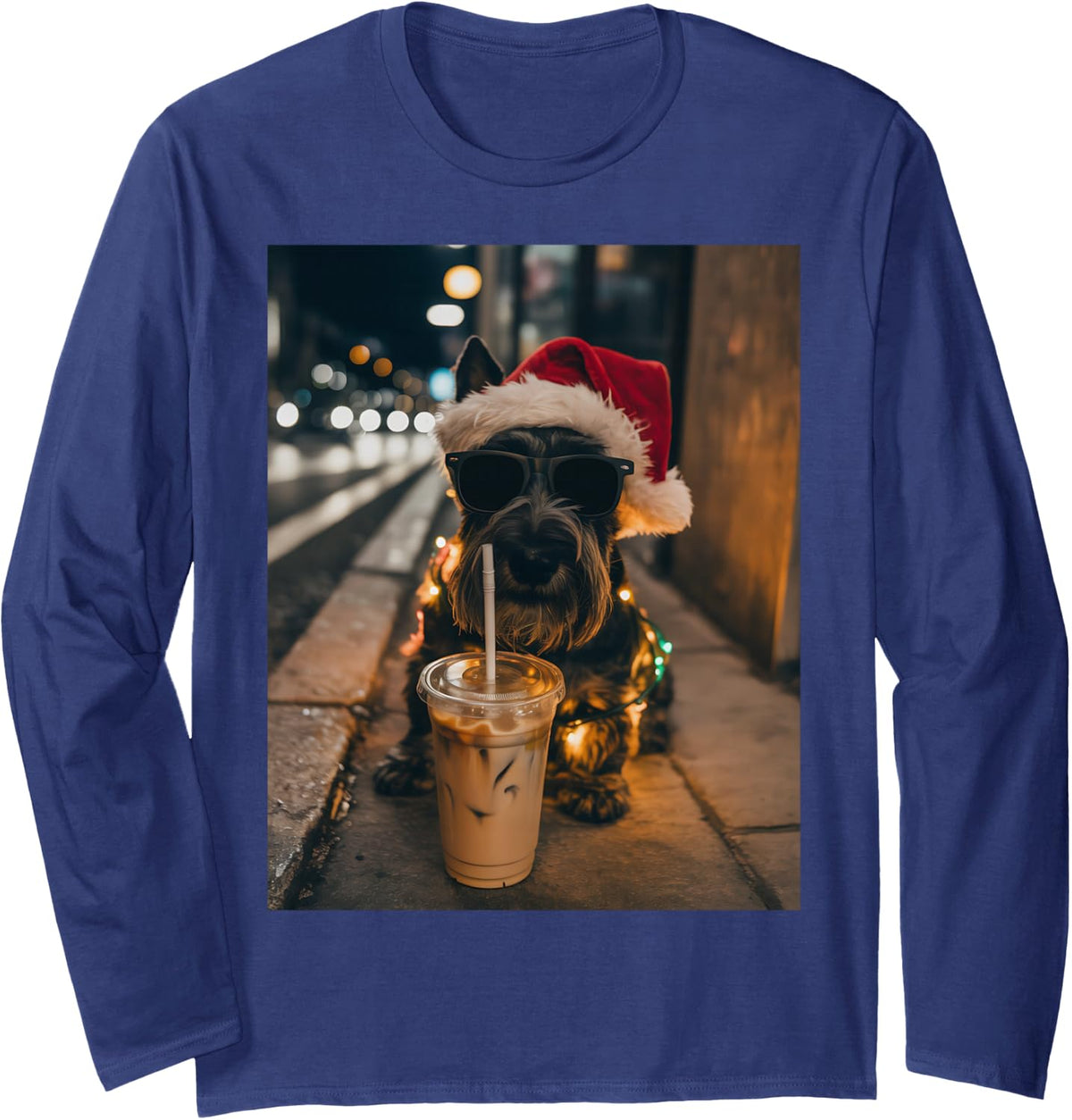 Scottish Terrier Drinking Iced Coffee Santa Christmas Long Sleeve T-Shirt - Adult Unisex Navy Blue