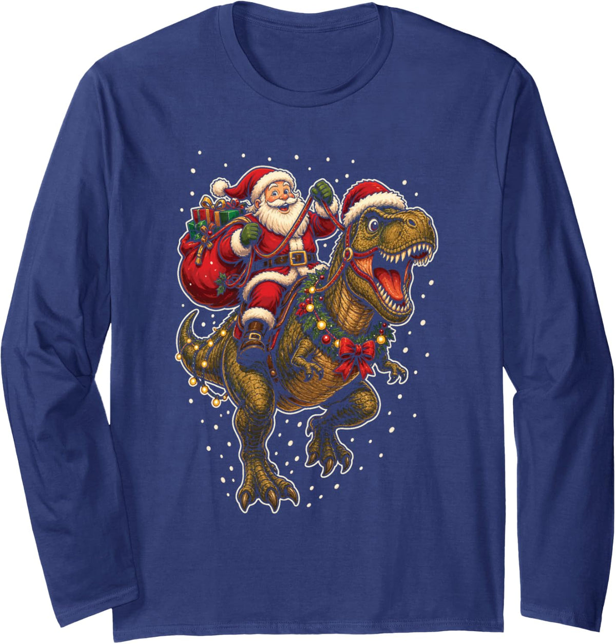 Dinosaur Christmas Santa Claus Riding T Rex Funny Holiday Long Sleeve T-Shirt - Adult Unisex Navy Blue