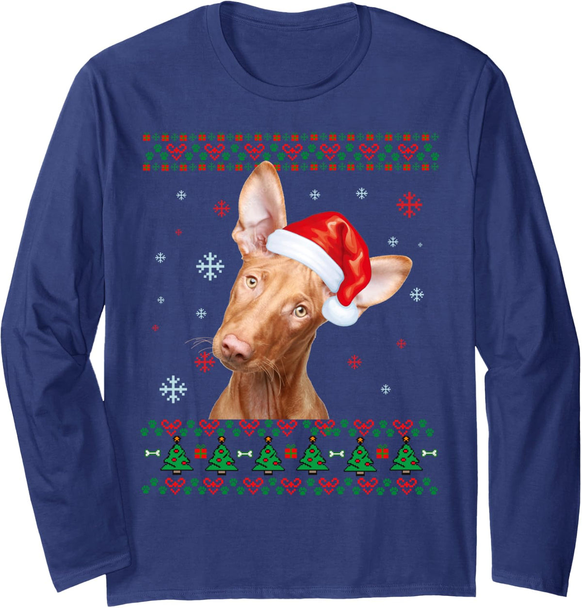 Pharaoh Hound Christmas Santa Ugly Sweater Dog Long Sleeve T-Shirt - Adult Unisex Navy Blue