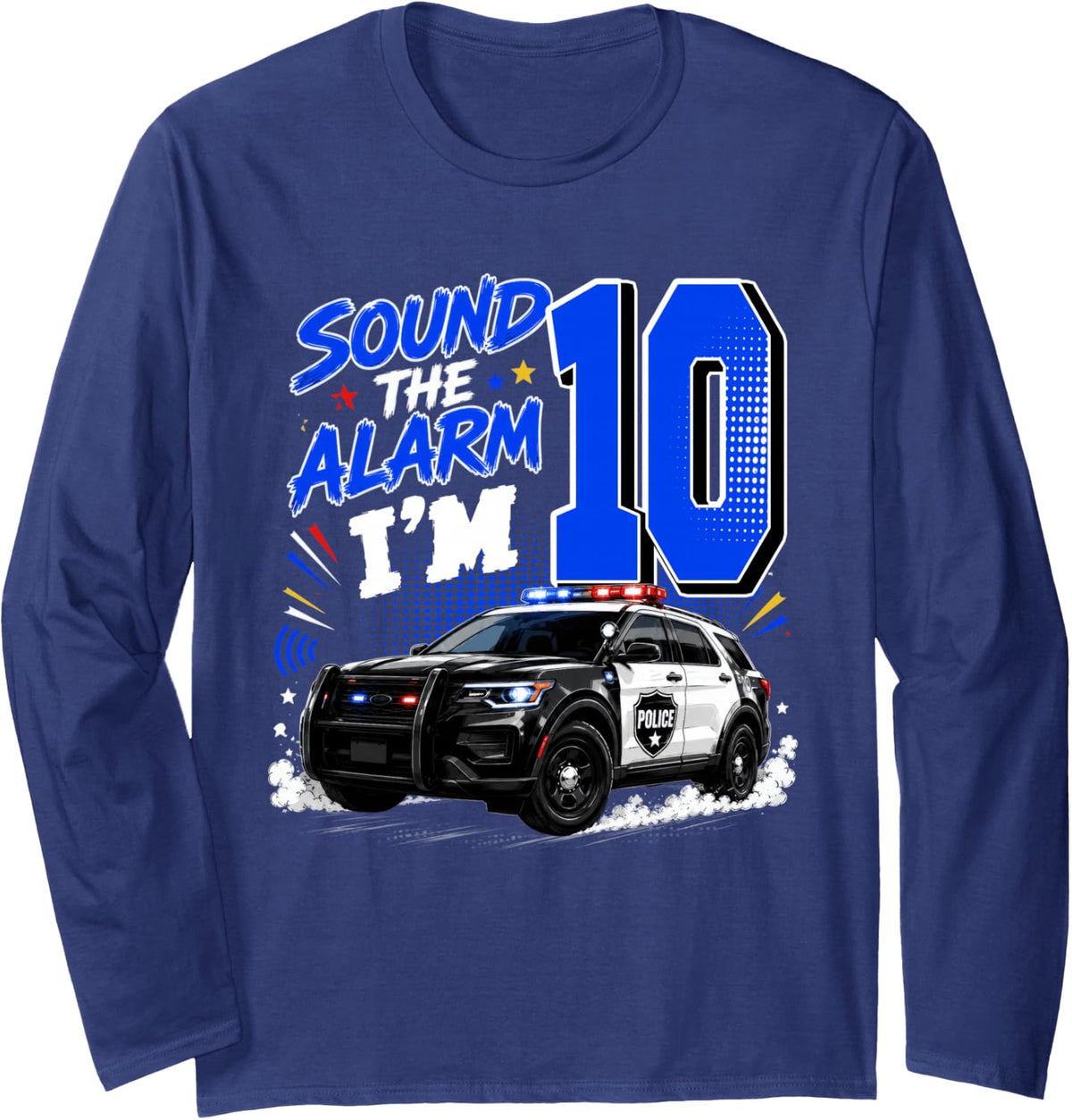 10 Year Old Birthday Police Car 10th Birthday Police Theme Long Sleeve T-Shirt - Adult Unisex Navy Blue