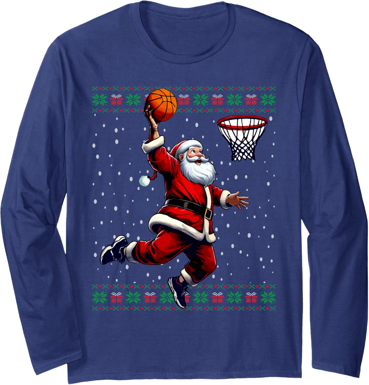 Santa Basketball Ugly Christmas Sweater Long Sleeve T-Shirt - Adult Unisex Navy Blue