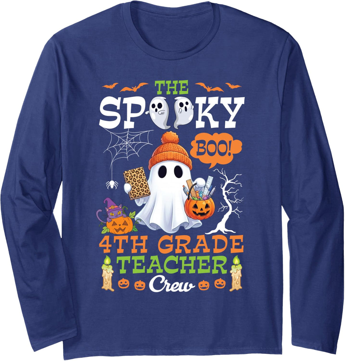 The Spooky Boo 4th Grade Teacher Crew Halloween Cute Ghost Long Sleeve T-Shirt - Adult Unisex Navy Blue