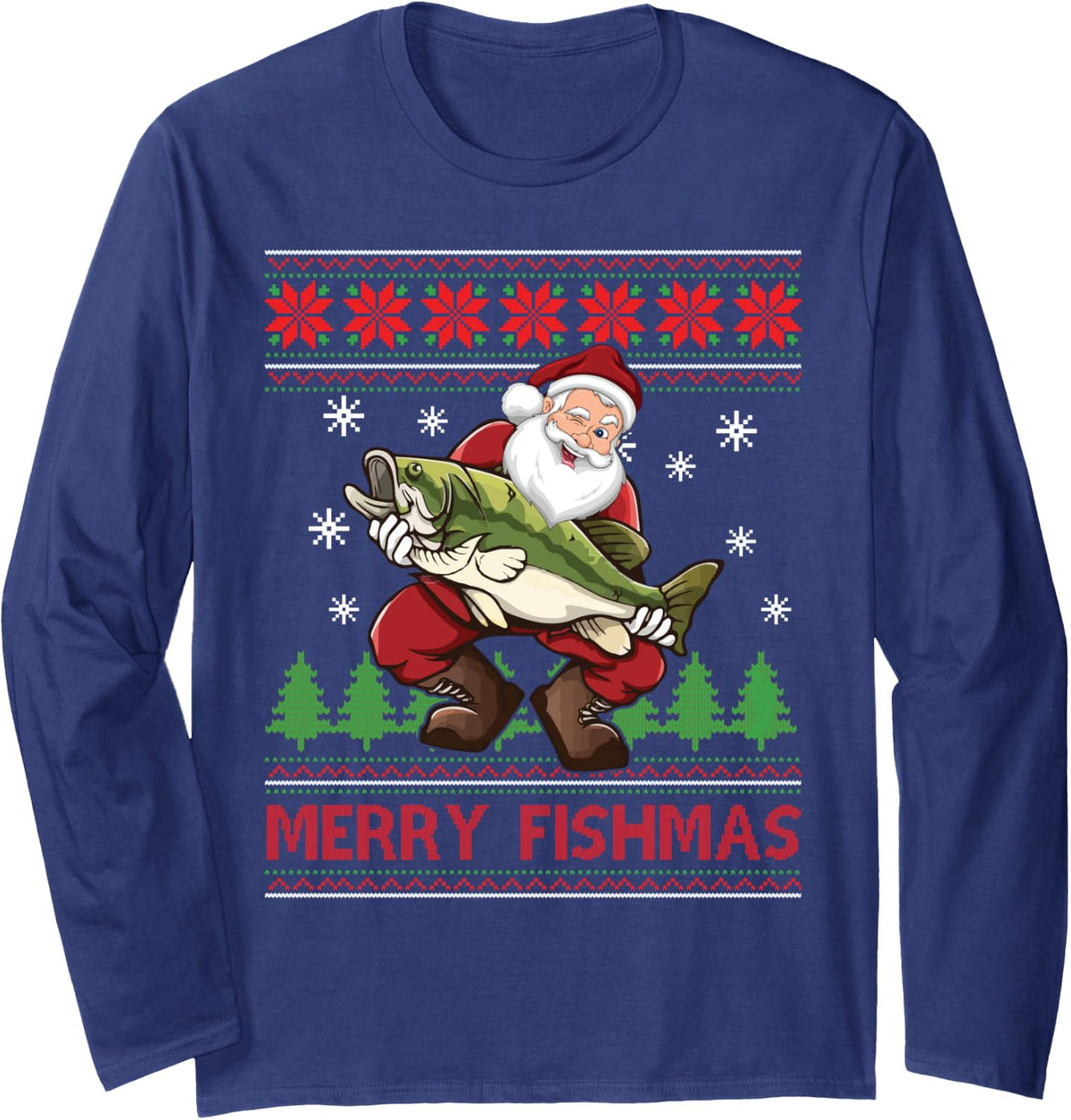 Merry Fishmas Santa Fishing Ugly Christmas Sweater Style Long Sleeve T-Shirt - Adult Unisex Navy Blue