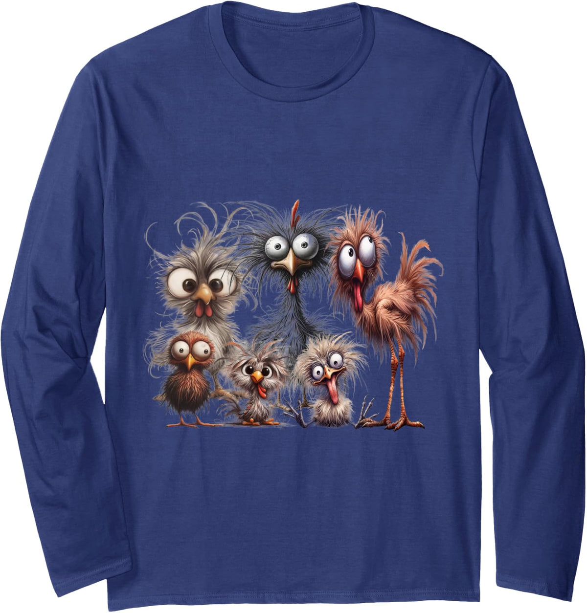 Crazy Chicken Family Matching Eagerly Funny Chicken Art Long Sleeve T-Shirt - Adult Unisex Navy Blue