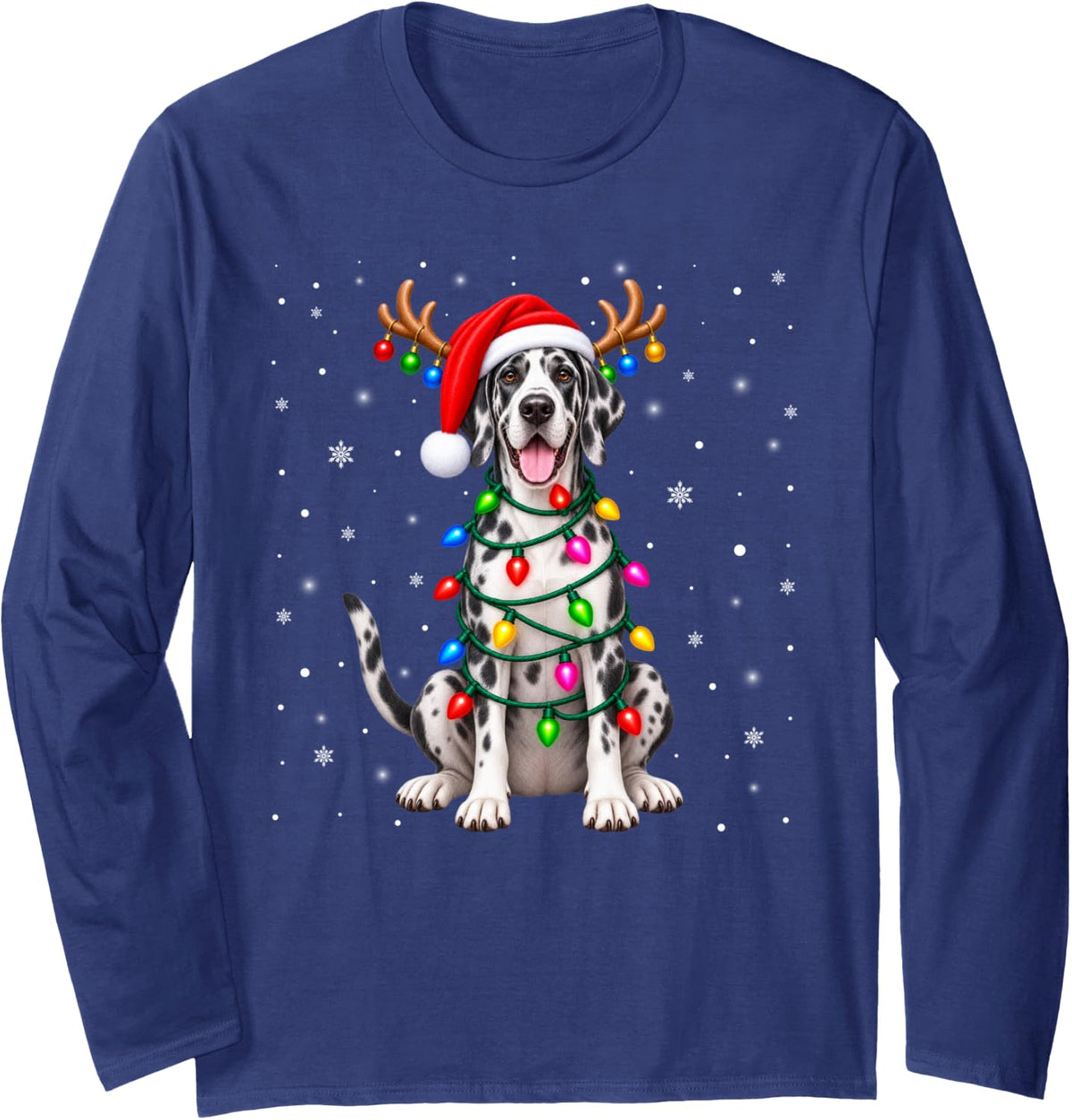 Great Dane Christmas Tree Lights Sweater Xmas Pet Dogs Long Sleeve T-Shirt - Adult Unisex Navy Blue