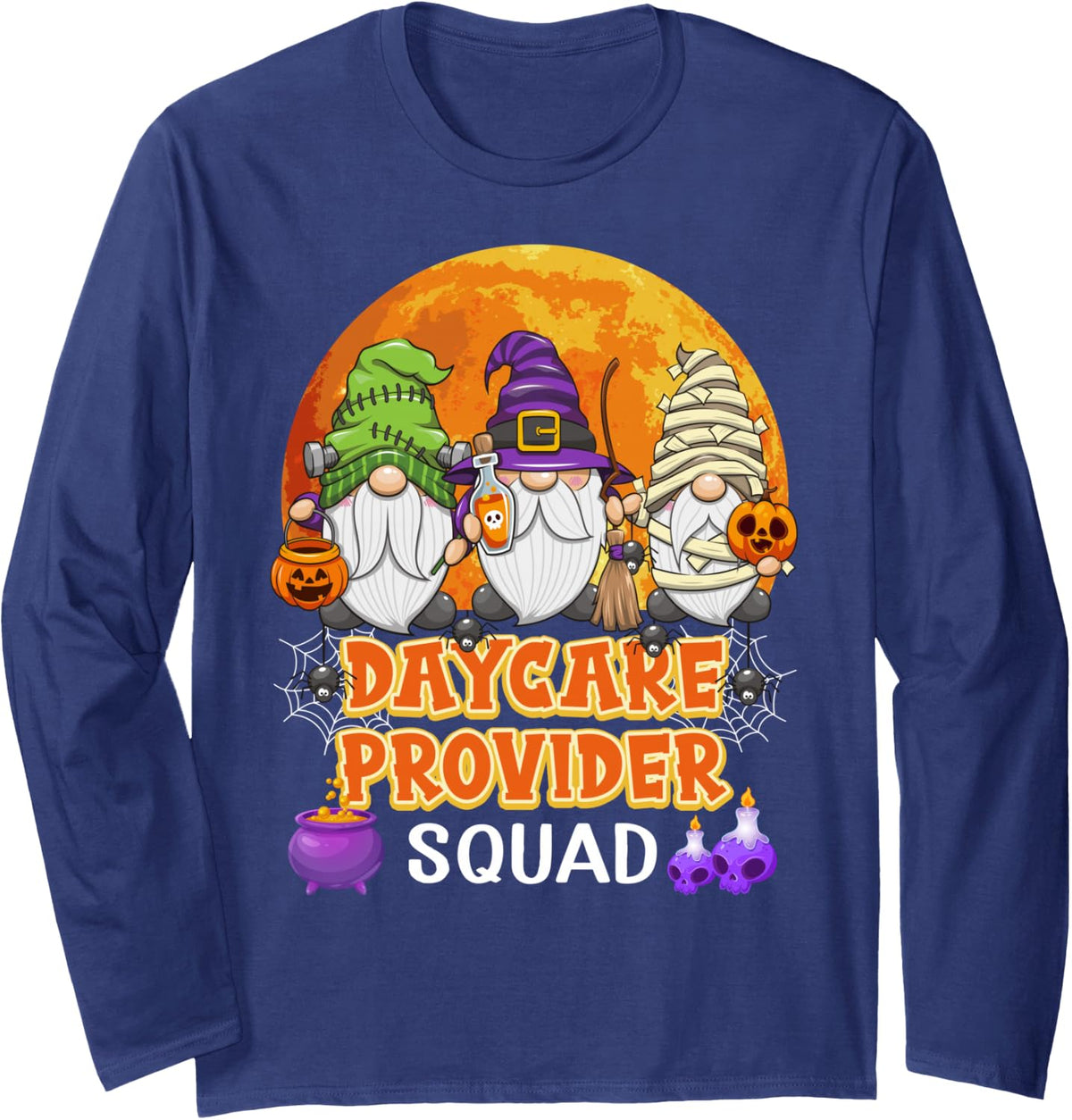 Daycare Provider Squad Halloween Gnome Matching Long Sleeve T-Shirt - Adult Unisex Navy Blue