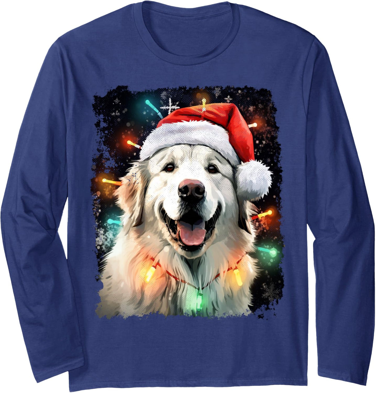 Vintage Great Pyrenees Graphic Dog Christmas Long Sleeve T-Shirt - Adult Unisex Navy Blue