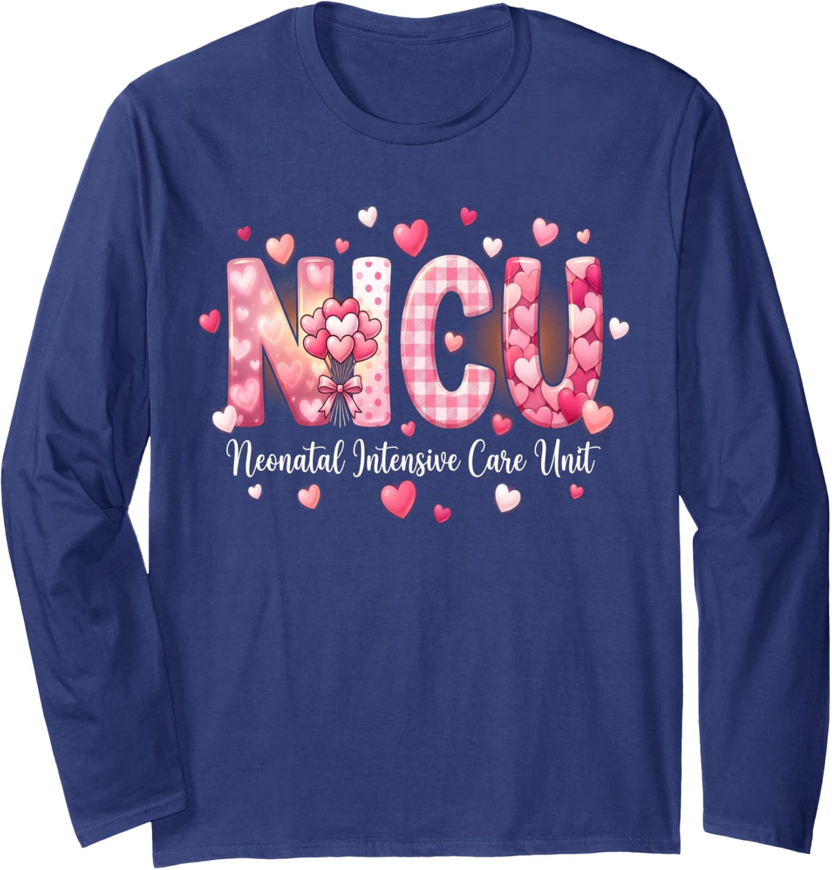 Happy Valentine Nurse NICU Valentines Shirt Nurses Heart Long Sleeve T-Shirt - Adult Unisex Navy Blue