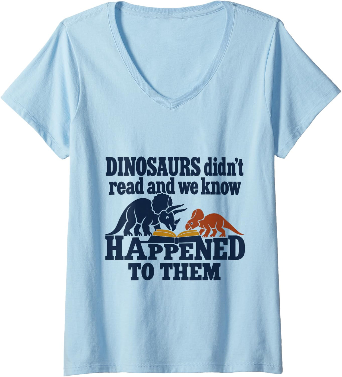 Women's Dinosaur Reading Triceratops Prehistoric Bookworm Humor V-Neck T-Shirt - Baby Blue