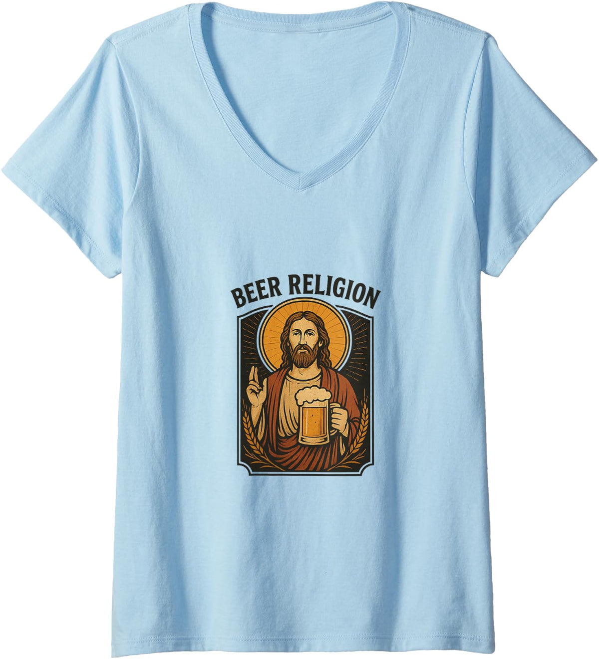Women's Beer Religion - Funny Jesus Beer Lover Design V-Neck T-Shirt - Baby Blue