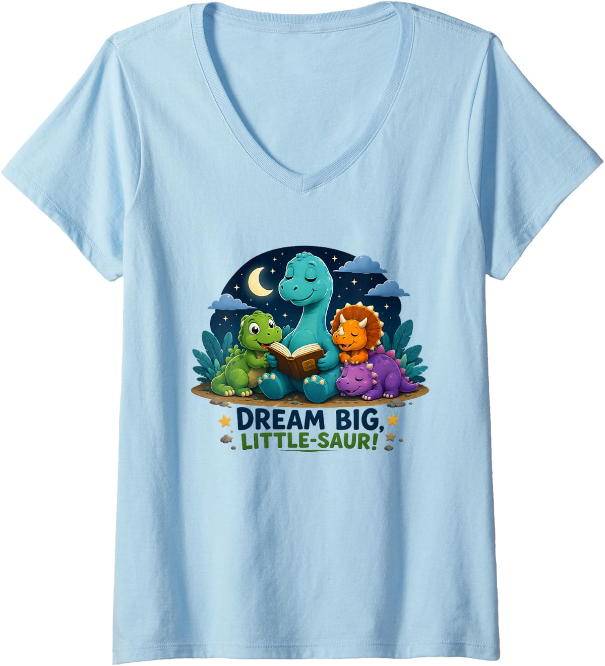 Women's Cute Dinosaur Lover Tee for Kids – Adorable Animal Design V-Neck T-Shirt - Baby Blue