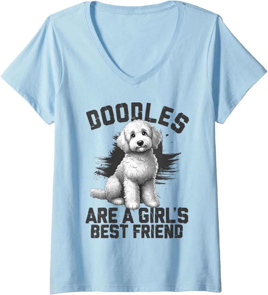 Women's Doodles are A Girl's Best Friend Golden Labradoodle Doodle V-Neck T-Shirt - Baby Blue