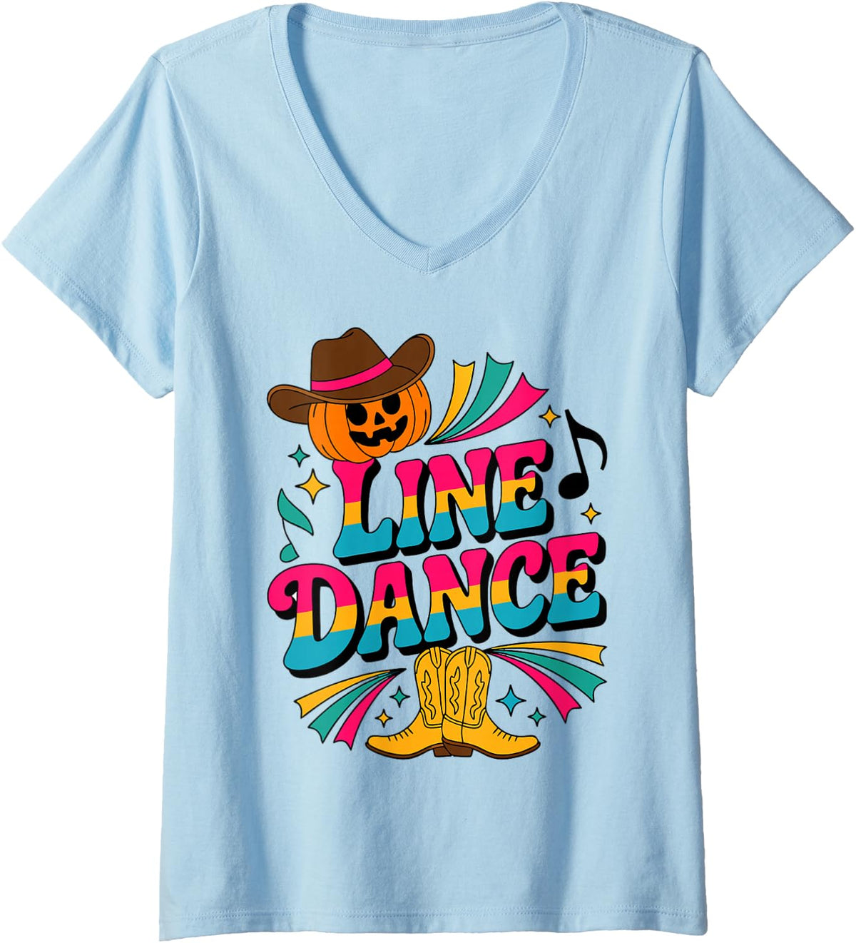 Womens Halloween Line Dancer Pumpkin with Cowboy Hat V-Neck T-Shirt - Baby Blue