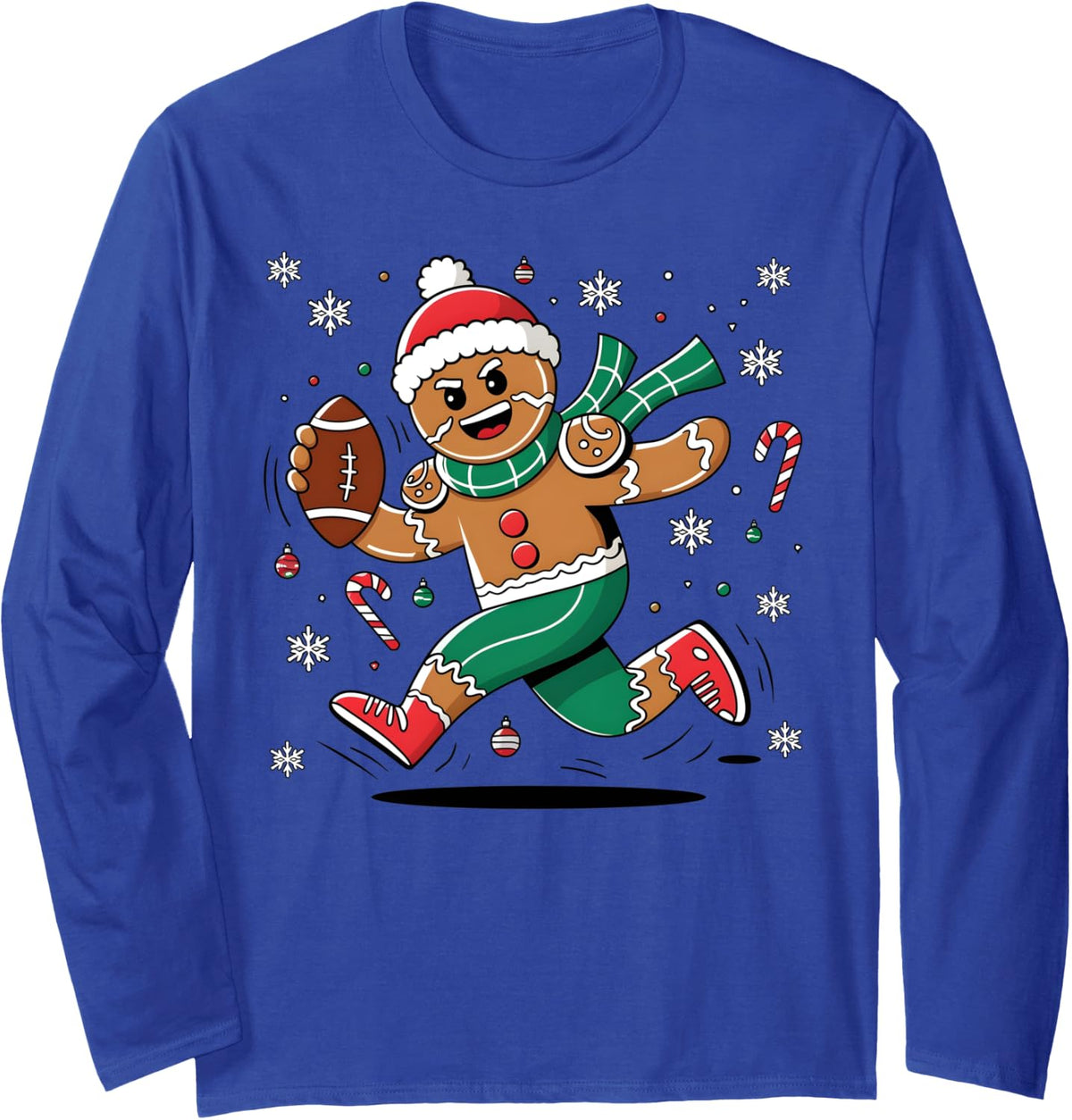 Gingerbread American Football Player Game Day Christmas Fun Long Sleeve T-Shirt - Adult Unisex Royal Blue