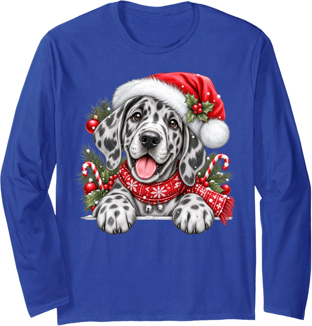 Great Dane Dog Christmas Santa Hat Mom Dad Long Sleeve T-Shirt - Adult Unisex Royal Blue