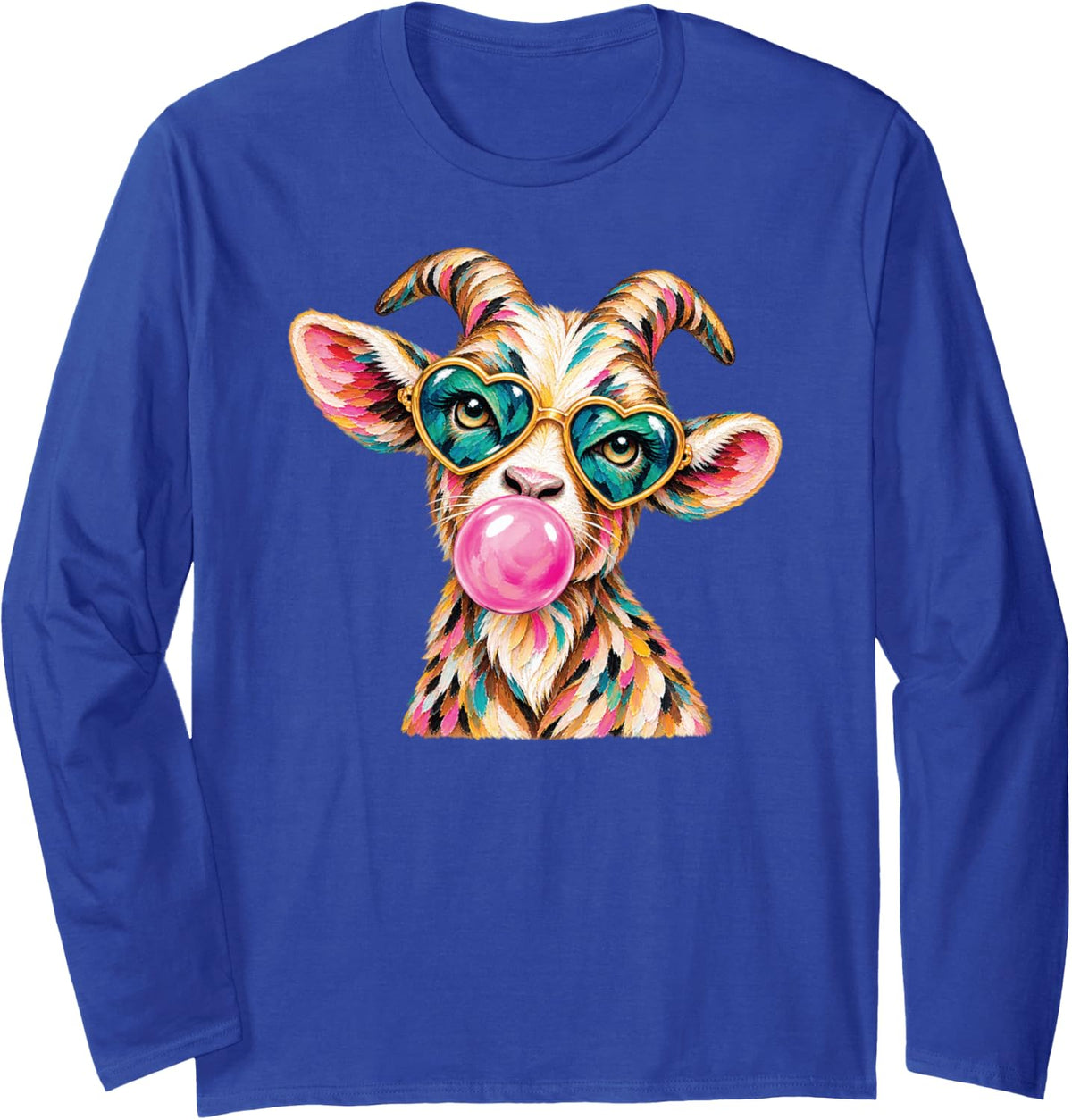 Cute Goat Bubblegum Glasses Long Sleeve T-Shirt - Adult Unisex Royal Blue