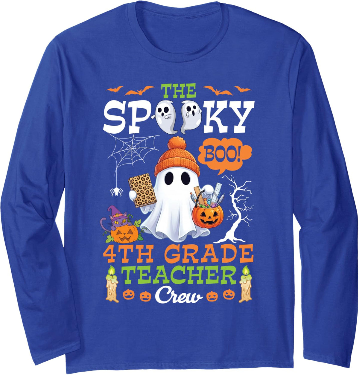 The Spooky Boo 4th Grade Teacher Crew Halloween Cute Ghost Long Sleeve T-Shirt - Adult Unisex Royal Blue