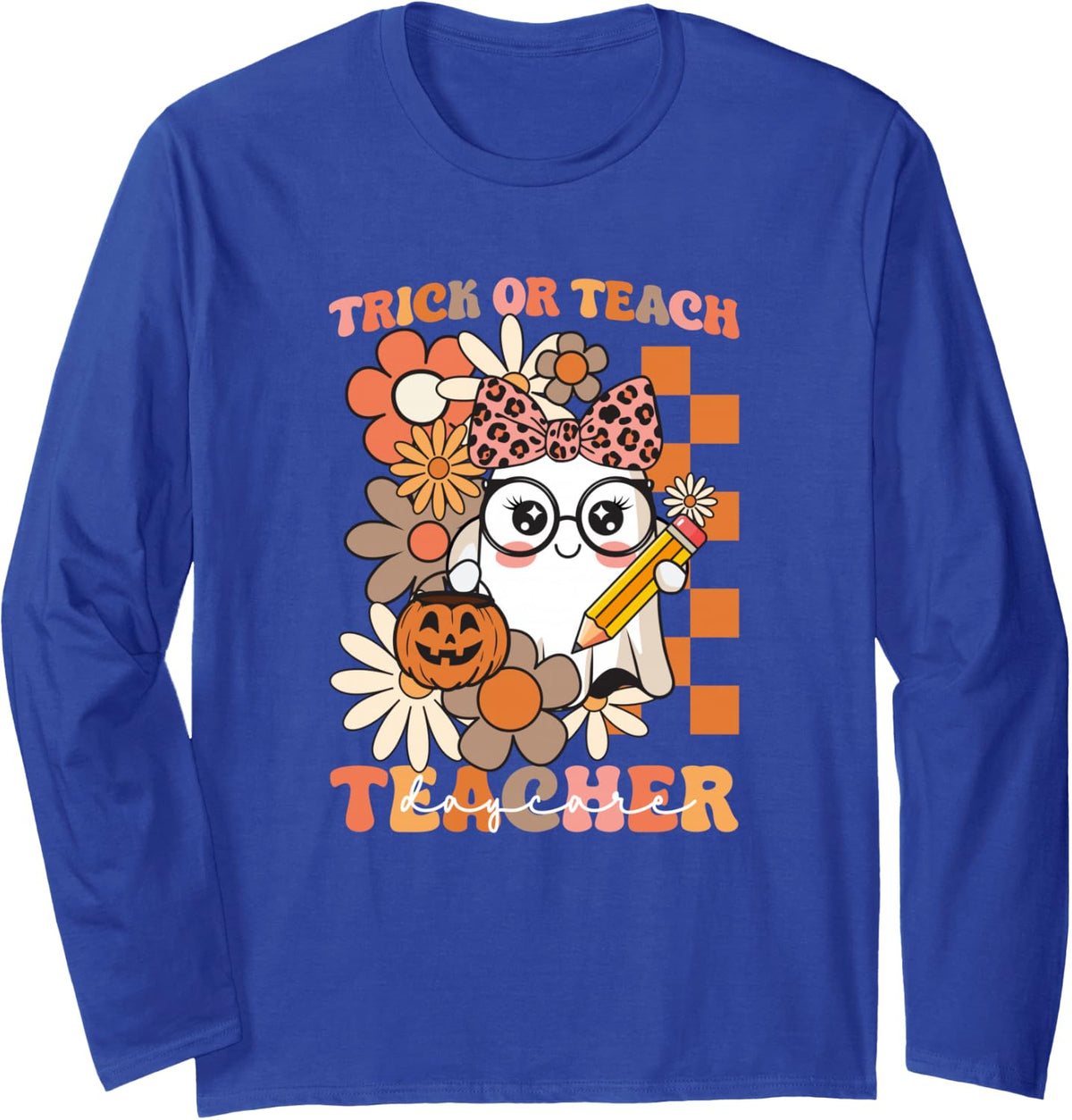 Trick or Teach Daycare Teacher Halloween Floral Ghost Bow Long Sleeve T-Shirt - Adult Unisex Royal Blue