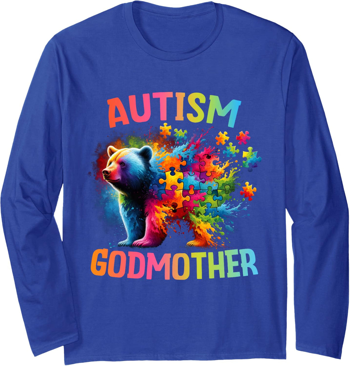 Autism Godmother Colorful Rainbow Mom Bear Autism Awareness Long Sleeve T-Shirt - Adult Unisex Royal Blue