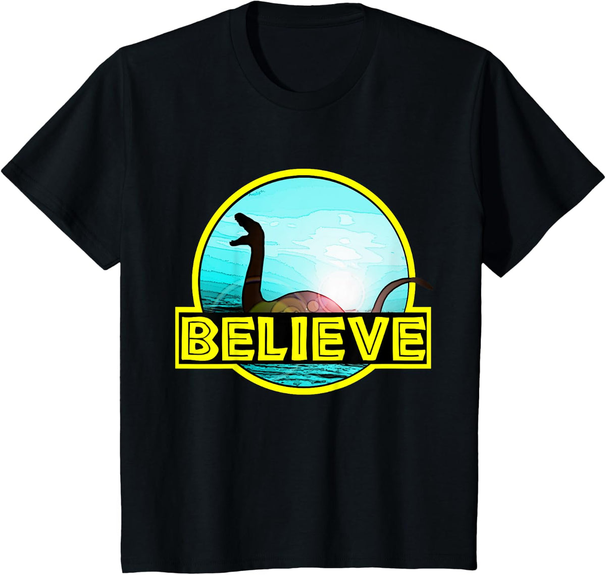 Believe Sea Monsters Ocean Plesiosaur Dinosaur Nessie Champ T-Shirt - Black