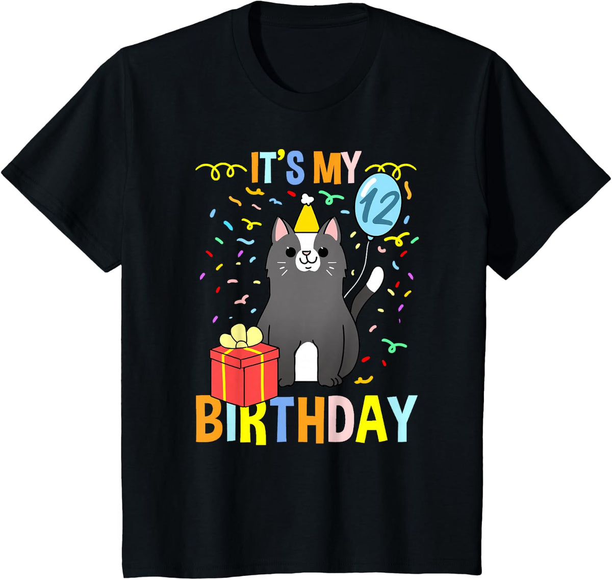Its My 12th Birthday Tuxedo Cat T-Shirt - Black