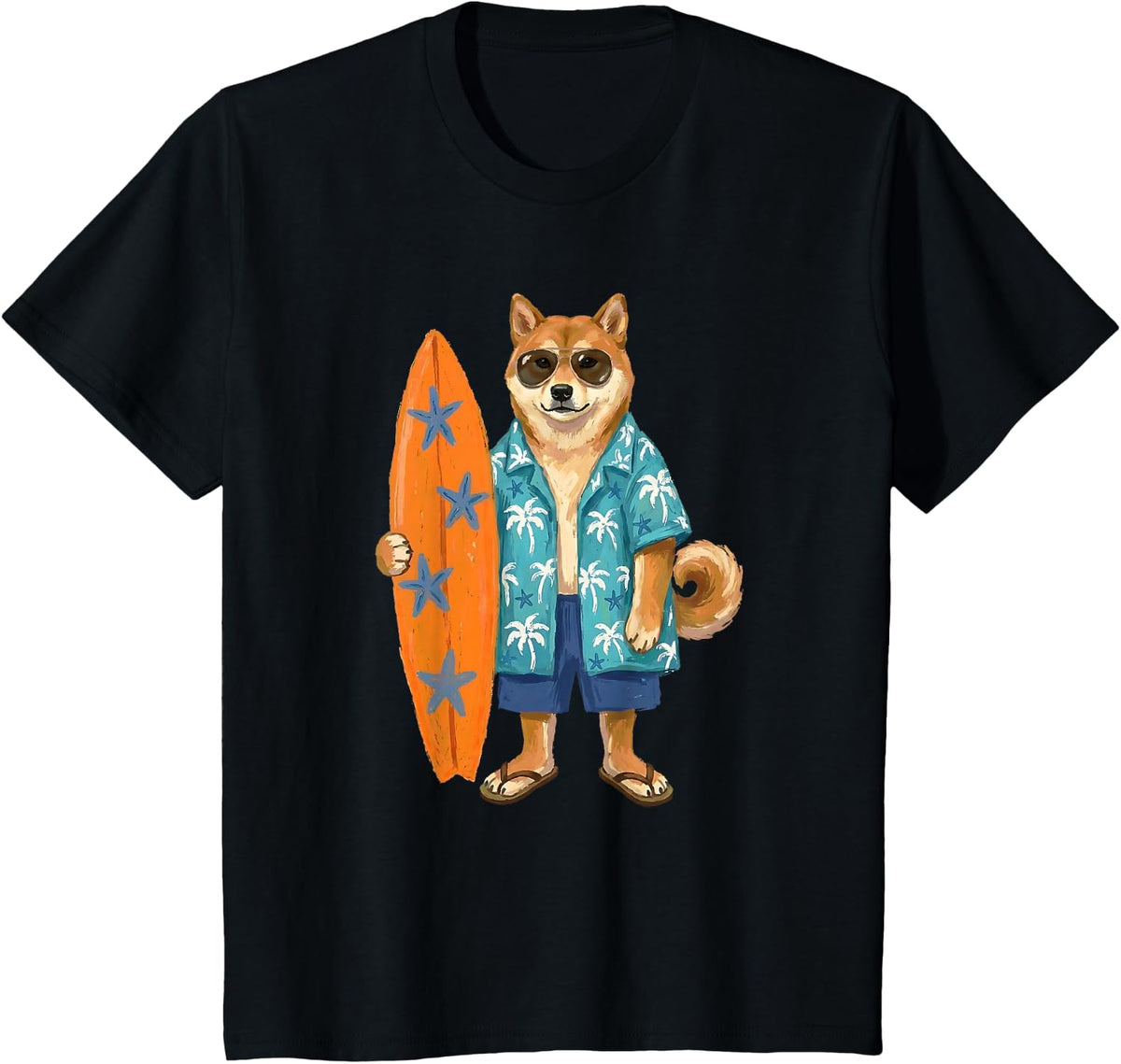 Shiba Inu Watercolor Surfer Funny T-Shirt - Black
