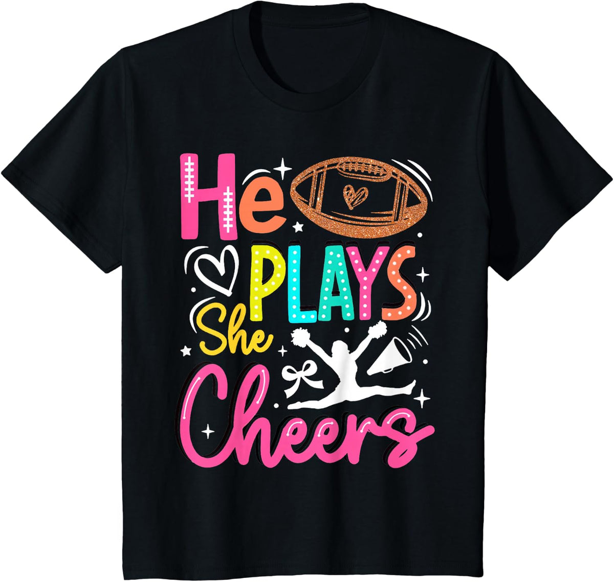 He Plays She Cheers Funny Football Son Cheerleader Daughter T-Shirt - Black