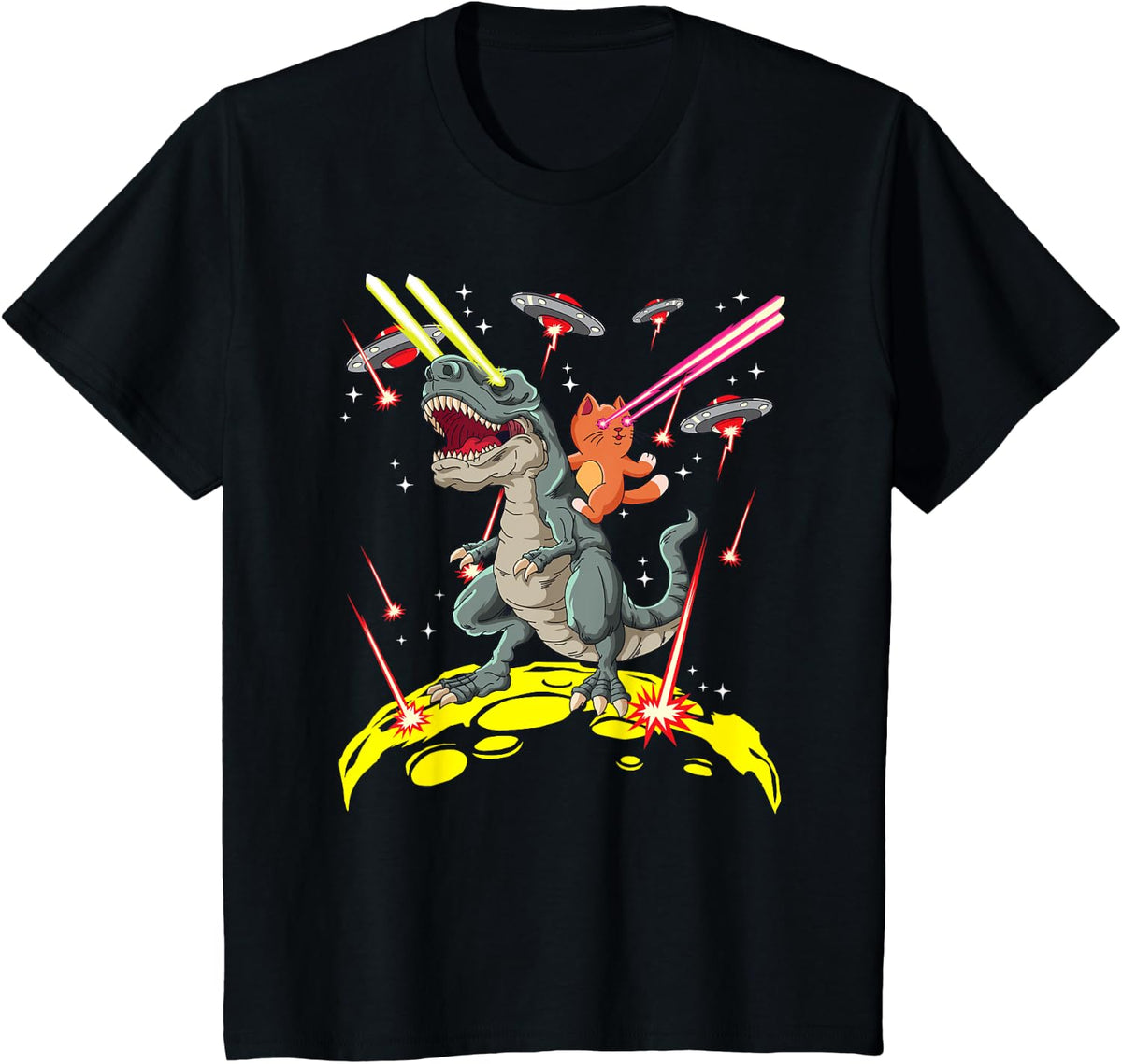 Space Cat Riding T-Rex Laser Eyes T-Shirt T-Shirt - Black